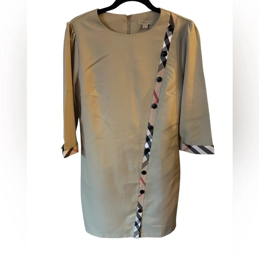 Burdully Elegant Beige Dress with Checkered Trim size XL